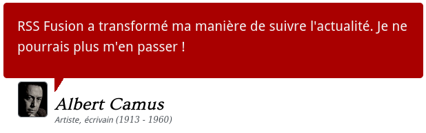 Fausse capture écran d'une citation fictive d'Albert Camus concernant RSS Fusion