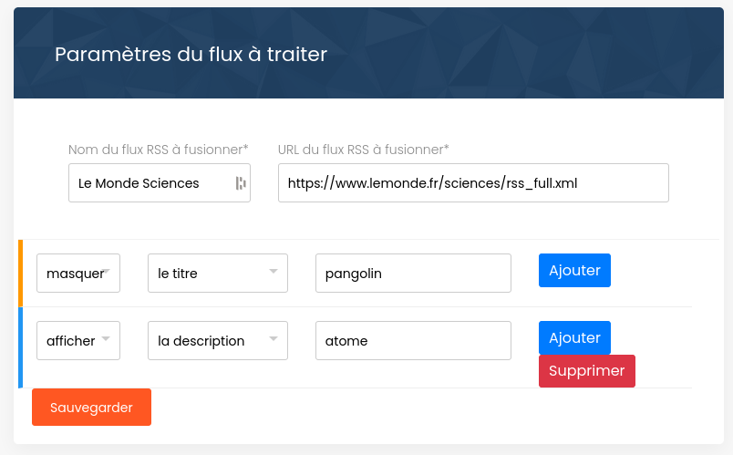 Capture écran de la page de paramétrage d'un flux à traiter