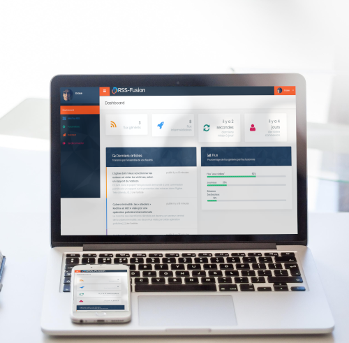 Image d'un bureau avec un écran d'ordinateur et un smartphone, tous les deux avec une vue du dashboard de RSS Fusion
