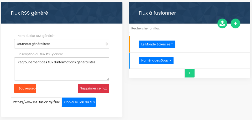 Capture écran de la page de paramétrage du flux généré